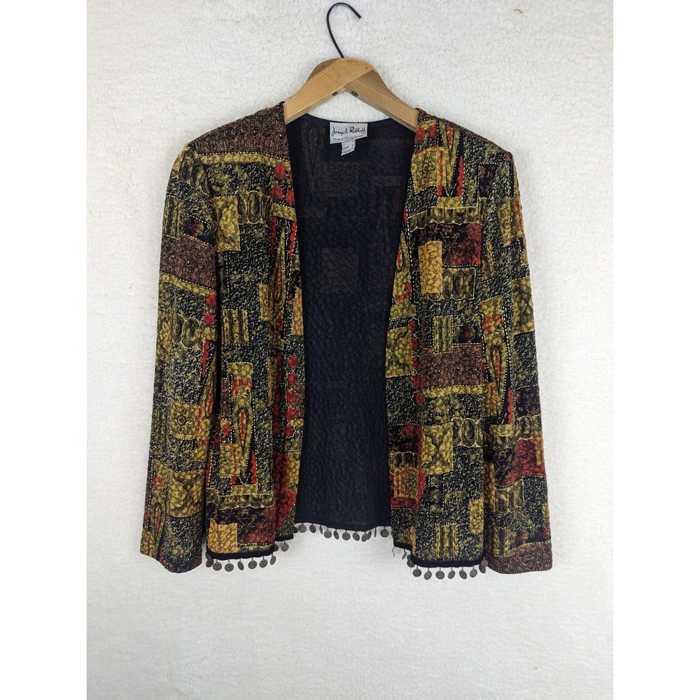 Vtg Joseph Ribkoff Open Cardigan Gypsy Artsy Metal Accents Art To Wear Asian 12